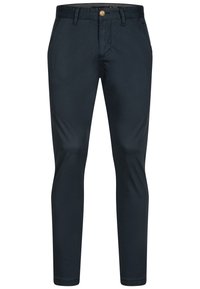 Navy blue cotton chinos with a slim fit, featuring a single button closure, belt loops, and side pockets. Smooth texture with minimal detailing.