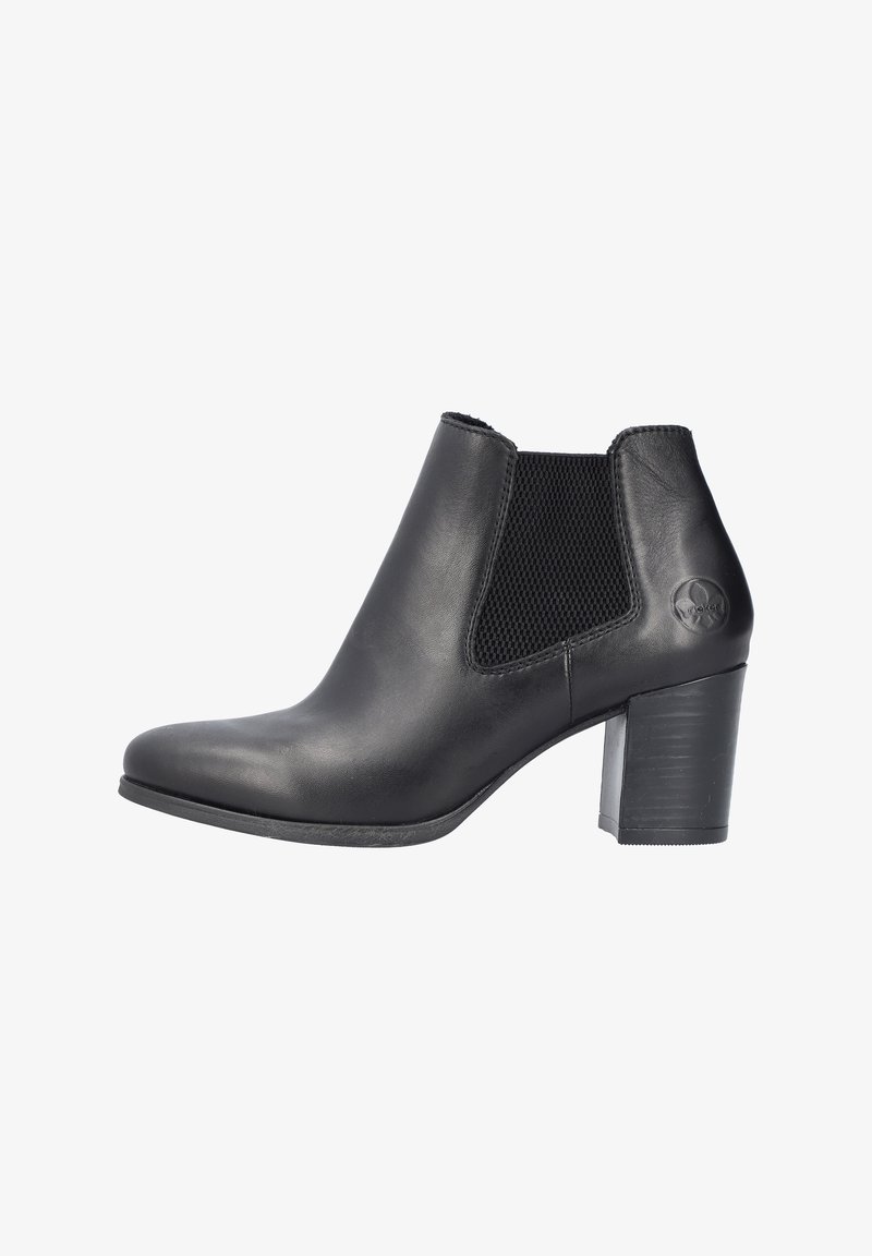 Bottines noires en cuir lisse avec un panneau latéral en élastique texturé, un bout arrondi et un solide talon bloque. Présente un accent de logo.