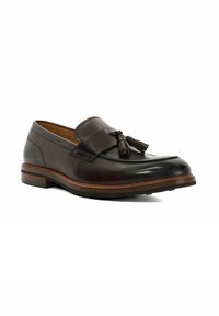Dark brown leather loafers with a tassel accent, round toe, and contrasting brown stitched sole; smooth finish and minimal design details.