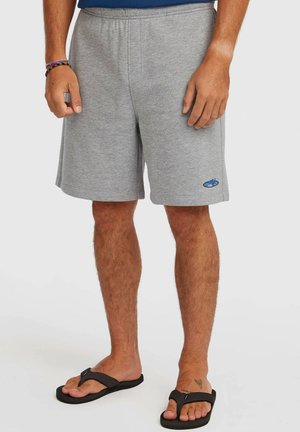 Šedé šortky z bavlnenej zmesi s elastickým pásom, bočnými vreckami a modrým logom na ľavej nohe. Nosené s čiernymi žabkami.