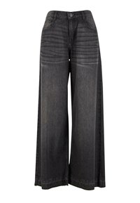 Široké černé džíny z denimu s vybledlým umytím, mají zapínání na knoflík, pět kapes a prošívané detaily podél švů.