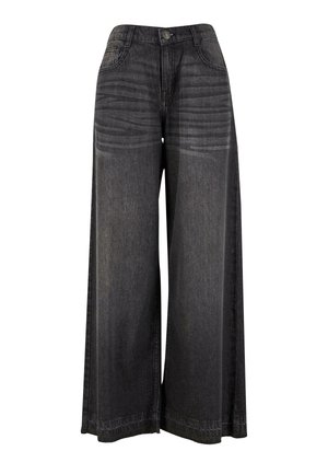 Platus juodos džinsinės kelnės su nudilusiomis vietomis, su mygtukų uždarymu, penkiais kišenėmis ir siuvinėjimais palei siūles.