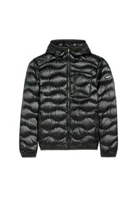 Czarna, pikowana kurtka z błyszczącym wykończeniem, z kapturem, zamkiem z przodu oraz pikowanym wzornictwem w zakrzywione wzory. Zawiera boczne kieszenie.