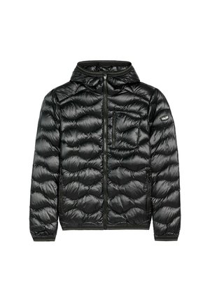 Czarna, pikowana kurtka z błyszczącym wykończeniem, z kapturem, zamkiem z przodu oraz pikowanym wzornictwem w zakrzywione wzory. Zawiera boczne kieszenie.