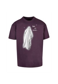 Lila Baumwoll-T-Shirt mit einem weißen Gespenst-Graphic mit schwarzen Augen und dem Text "Boo AND STUFF..." in Weiß. Kurzärmelig, mit Rundhalsausschnitt.