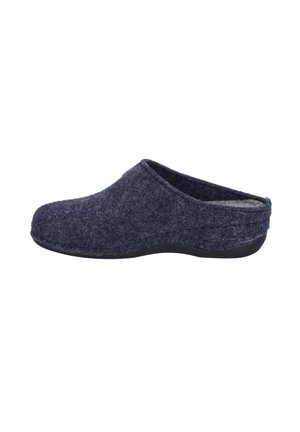 Dark blue felt clog with contoured shape, soft texture, and a black rubber sole for grip. Open back design for easy wear.
