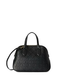 Borsa a mano in pelle nera con una finitura trapuntata, forma arrotondata, doppio manico superiore e una tracolla regolabile. Presenta una cerniera in tonalità oro.