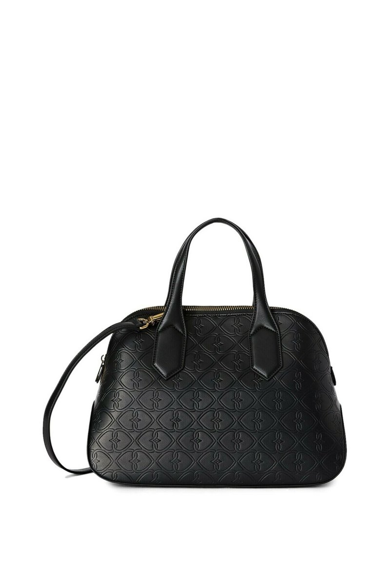 Borsa a mano in pelle nera con una finitura trapuntata, forma arrotondata, doppio manico superiore e una tracolla regolabile. Presenta una cerniera in tonalità oro.