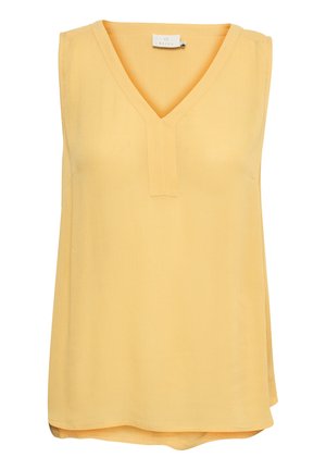 Kergest kangast kollane ilma varrukat blouse, millel on V-kaelus ja peened voldid. Ümmargune alläär ja sile tekstuur, mis tagab mugava kandmise.