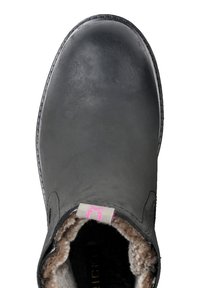 Zwarte leren enkellaars met een ronde neus, comfortabele binnenvoering en een roze accentlabel op de kraag. Duurzame rubberen zool.