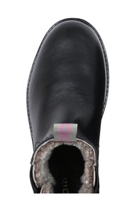 Czarne skórzane botki z misiem, zaokrąglony nosek, szare wykończenie i różowy akcent z logo na obcasie. Gładka tekstura i trwała konstrukcja.