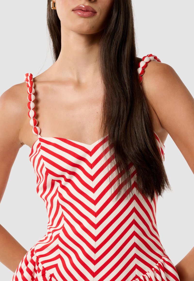 strapless open back dress Red and ivory gingham ruffle trim mini dress main image 0