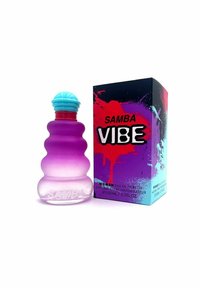Lilla ombre-flaske med en turkis kapsel, der har et rundt, bølget design. Ledt af en farverig æske mærket "SAMBA VIBE."