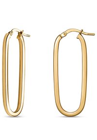 Gold-toned hoop earrings with an elongated oval shape, featuring a polished finish and a secure latch closure.