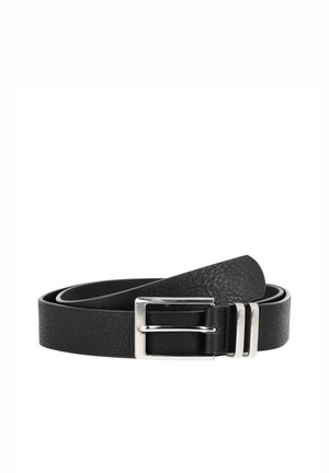 Black leather belt with a textured finish, featuring a silver metal buckle and two prongs. Design is flat and straightforward.