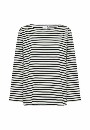 Sort og hvid stribet langærmet t-shirt med bådudskæring, lavet af blødt stof, med jævne horisontale striber og en afslappet pasform.