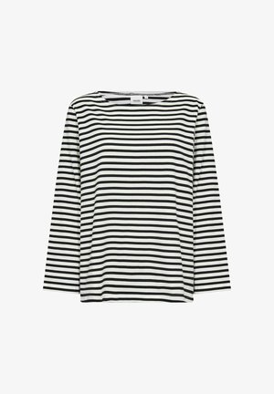 Sort og hvid stribet langærmet t-shirt med bådudskæring, lavet af blødt stof, med jævne horisontale striber og en afslappet pasform.