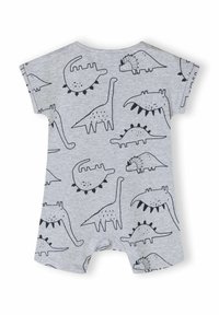 Rompers gris à manches courtes avec des imprimés de dinosaures noirs. Le matériau semble doux avec une texture lisse, et un col rond avec une fermeture à pression.