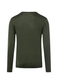 Långärmad tröja med rund hals i mörk olivgrön. Tillverkad av en lättstickad kvalitet med en slät yta, med ribbade muddar och nederkant.