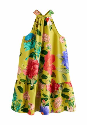 Zomerjurk met bloemenpatroon in felgeel, voorzien van een halternek, geraffineerde details en een gelaagde zoom. Textuur, lichtgewicht stof.