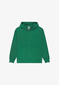 Sudadera con capucha verde con cremallera, bolsillos delanteros, capucha con cordón, puños acanalados y un pequeño logo de "element" en el pecho izquierdo.