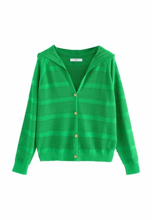 Strikket grøn cardigan med hætte, der har en vandret stribet tekstur, knaplukning og ribbede manchetter og kant.