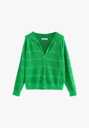 Knitted green cardigan with a hood, featuring horizontal striped texture, button closure, and ribbed cuffs and hem.