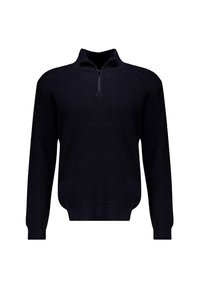 Sweater bleu marine foncé avec un design en tricot texturé, col zippé à quart, manches longues et bords côtelés.