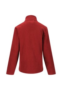 Röd fleecejacka med hög krage, långa ärmar och mjukt material, i en enfärgad design utan ytterligare mönster eller detaljer.