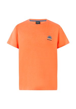 Oranje T-shirt met korte mouwen van zacht materiaal, met een blauw zon- en golflogo op de borst en een klassieke ronde hals.
