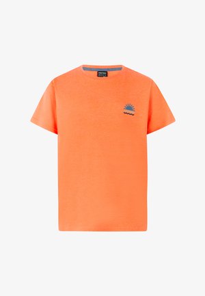 T-shirt arancione a maniche corte in tessuto morbido, con logo blu di sole e onda sul petto, e collo rotondo classico.