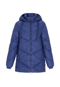 Mørkeblå quilted jakke med hætte, med skr�å syede mønstre, lynlås foran og justerbare snore. Blødt, isoleret materiale.