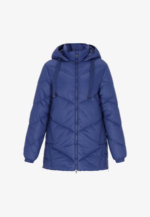 Navyblauwe pufferjack met capuchon, voorzien van diagonale gestikte patronen, ritssluiting aan de voorkant en verstelbare trekkoorden. Zacht, geïsoleerd materiaal.