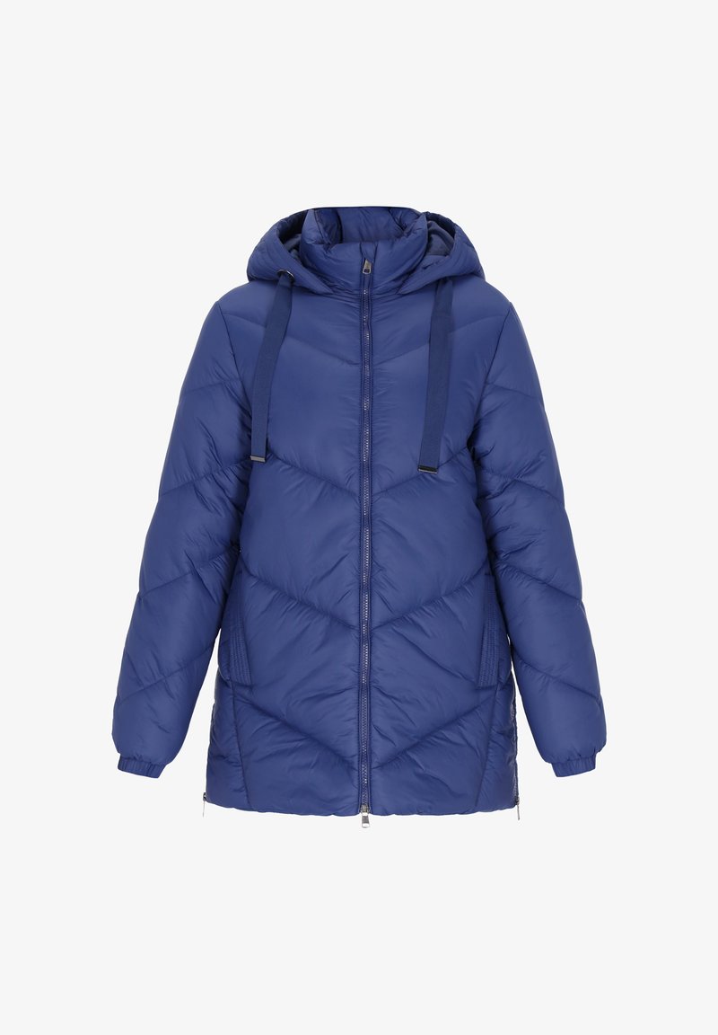 Tumši zila pūkaina jaka ar kapuci, kurai ir diagonālas šures, priekšējais rāvējslēdzis un regulējamas auklas. Mīksts, siltināts materiāls.