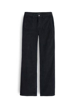 Pantaloni neri a gamba larga con tasche frontali a toppa, passanti per cintura e chiusura a bottone in vita.