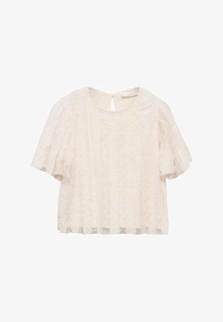 Bluză cu mânecă scurtă, de culoare crem, dintr-un material texturat. Prezintă un decolteu rotund, o deschidere tip cheie la spate și volane suprapuse pe mâneci.