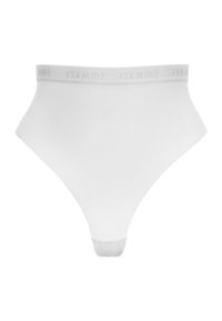 Weiße, hochgeschnittene Unterhose aus glattem Stoff. Sie hat einen weichen, elastischen Bund mit dem Logo "ITEM m6". Schlichtes, nahtloses Design.