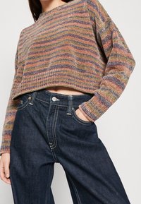 Multikleurige cropped sweater met een gestreept patroon, gemaakt van textiel met een textuur, gecombineerd met donkere blauwe high-waisted denim jeans.