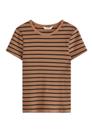T-shirt marrone a costine con strisce orizzontali nere, caratterizzato da un collo rotondo e maniche corte. Nessun abbellimento degno di nota.