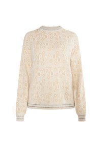Maglione beige lavorato a maglia con un motivo testurizzato di diamanti e gocce, caratterizzato da polsini e orlo a costine, progettato con un colletto rotondo.
