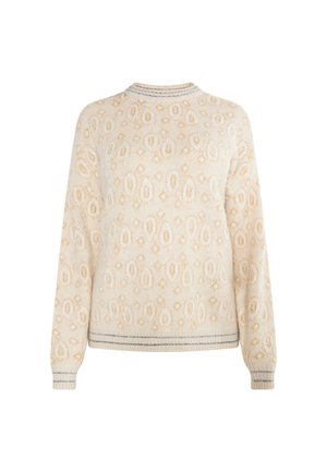 Pull en tricot beige avec un motif texturé de diamants et de gouttes d'eau, doté de poignets et d'ourlet côtelés, conçu avec un col rond.