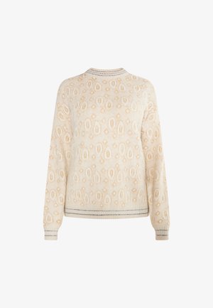 Beige neulepaita, jossa on teksturoitu kuvio timanteista ja pisaroista, varustettuna ribbausväreillä hihoissa ja helmassa, suunniteltu pyöreällä kaula-aukolla.