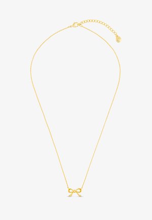 Collana d'oro con una fine catena e un pendente a forma di fiocco. Il pendente presenta bordi lisci e una finitura lucida, che mette in risalto il suo design delicato.