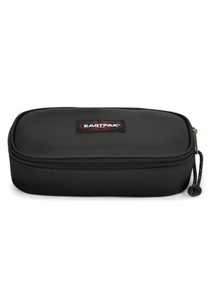 Black rectangular pouch with a textured exterior, zip closure, and a branded patch. Features rounded edges and a corded zipper pull.
