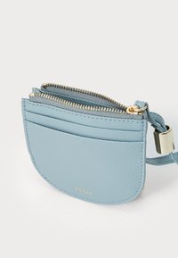 Borsa in pelle azzurro chiaro dalla forma arrotondata, con fermatura a zip dorata e diversi scomparti per carte. Presenta una superficie texturizzata e una tracolla.