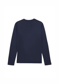 Maglietta a maniche lunghe blu scuro con collo a giro e sottili dettagli di cucitura sulle cuciture delle spalle. Tessuto morbido e leggero, vestibilità rilassata.