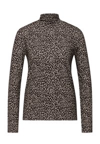 Top à col roulé à manches longues avec un motif léopard marron et crème, présentant une coupe ajustée et un tissu doux et extensible.