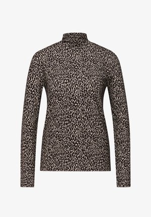 Langärmeliges Rollkragenoberteil mit braun-cremigem Leopardenmuster, eng anliegendes Design und weicher, dehnbarer Stoff.