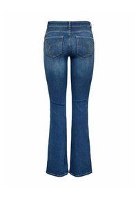 Vue arrière d'un jean denim bleu avec deux poches arrière et un léger évasement en bas des jambes.