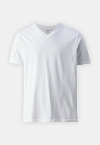 T-shirt blanc à manches courtes et décolleté en V en coton. Présente un design sobre avec une texture lisse et une coupe décontractée.